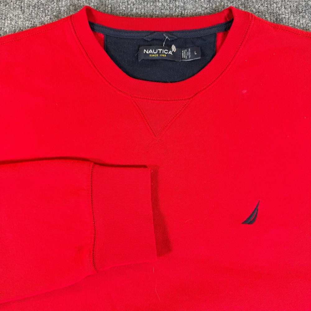 Nautica Mens Crewneck Sweatshirt Red Fleece Lined‎ Long Sleeve Logo Large 3268